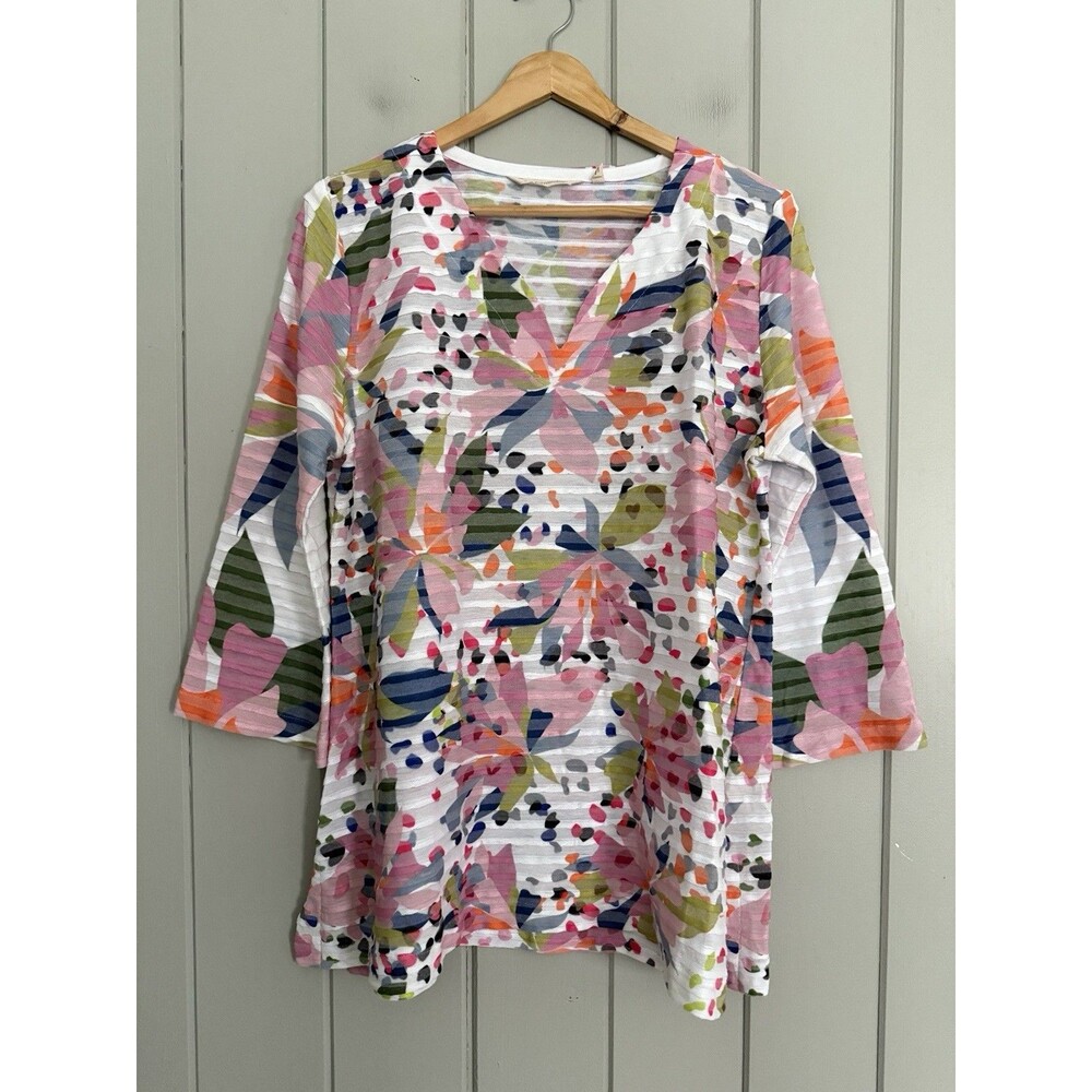 Soft Surroundings Watercolor Rib Stripe Top L Large Multicolor Floral V-Neck